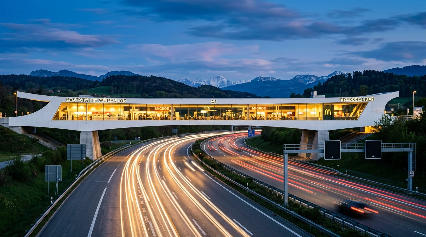 Fressbalken Autobahnbrücke Dämmerung